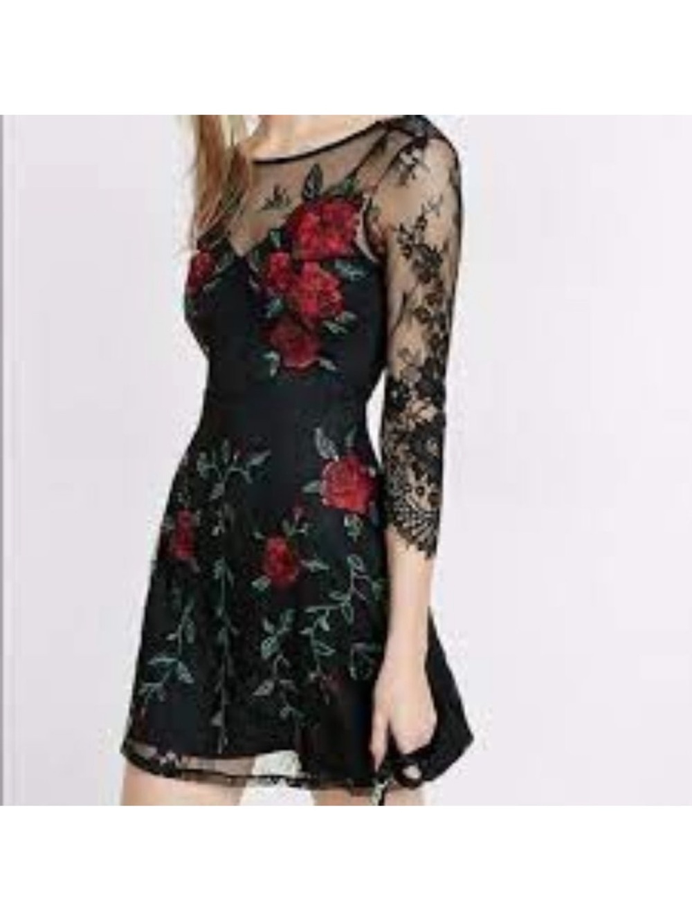 Express Black Lace Appliqué Red Roses Sequin Embroidered 3/4 Sleeves Dress NWT